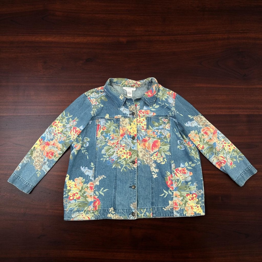 Susan Graver Style Floral Denim Jacket Womens 2X Blue Cotton Button Front Print